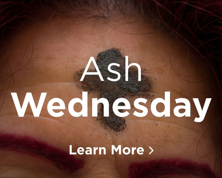 A person's forehead marked with ashes in the shape of a cross. Image links to Ash Wednesday page.